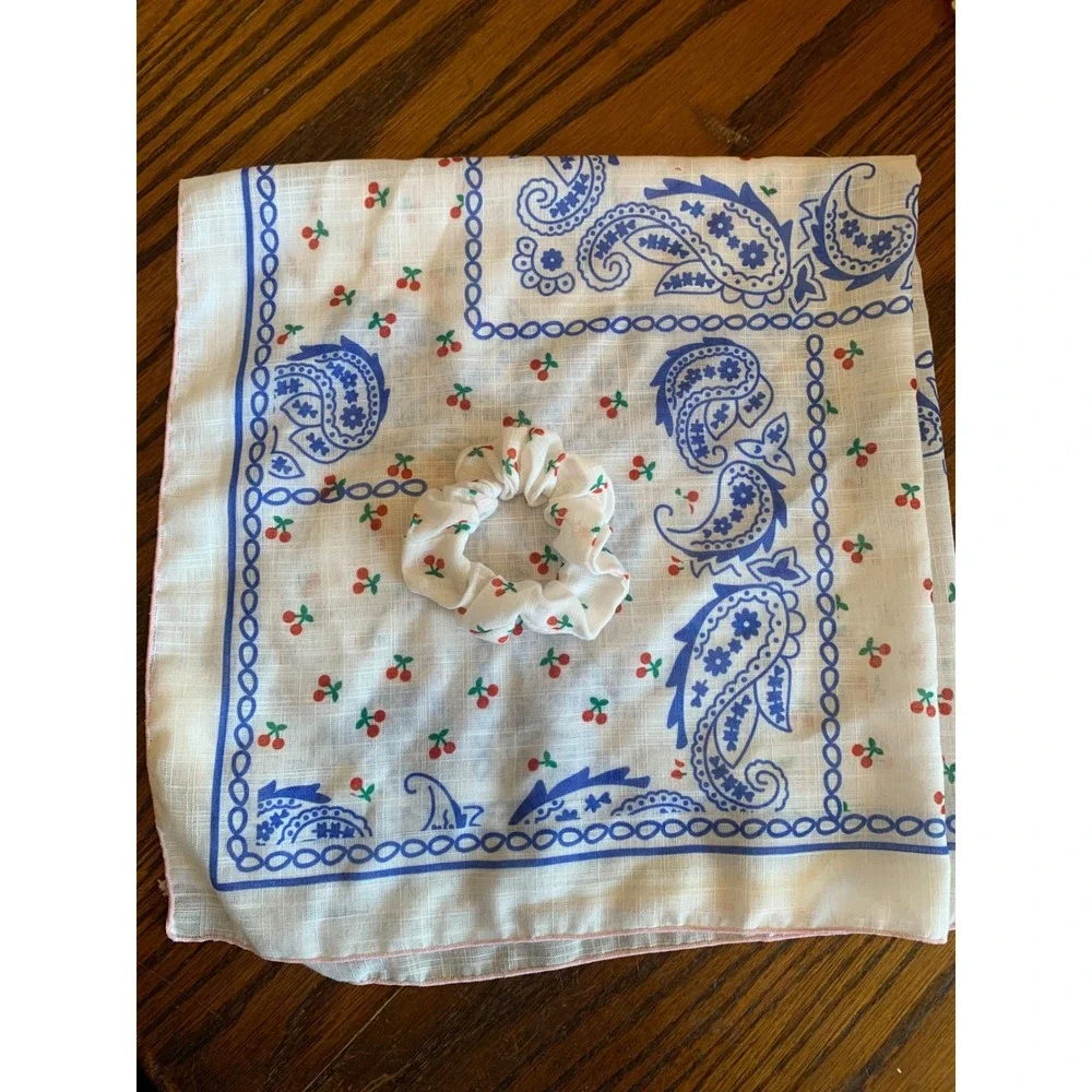 Universal Thread Cherry Paisley Bandana Scarf & Scrunchie Set White Blue Red